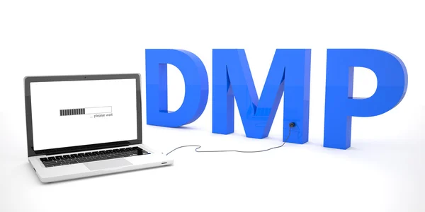 DMP - Debt Management Plan o Data Management Platform - notebook portatile collegato a una parola su sfondo bianco. Illustrazione rendering 3d . — Foto Stock