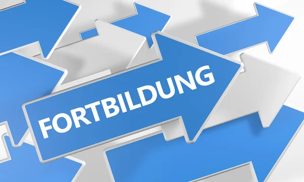 Fortbildung - german word for further education - 3d render concept with blue and white arrows flying over a white background. — Stok fotoğraf