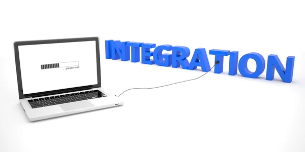 Integration - laptop notebook computer connected to a word on white background. 3d render illustration. — ストック写真