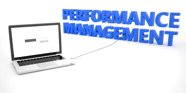 Performance Management - laptop notebook computer connected to a word on white background. 3d render illustration. — ストック写真