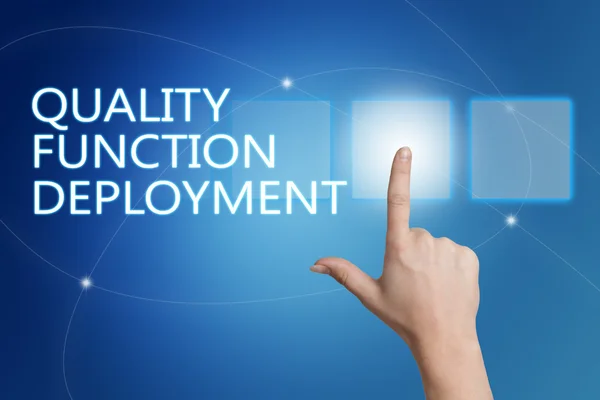 Quality Function Deployment - hand pressing button on interface with blue background. — Stock Photo, Image