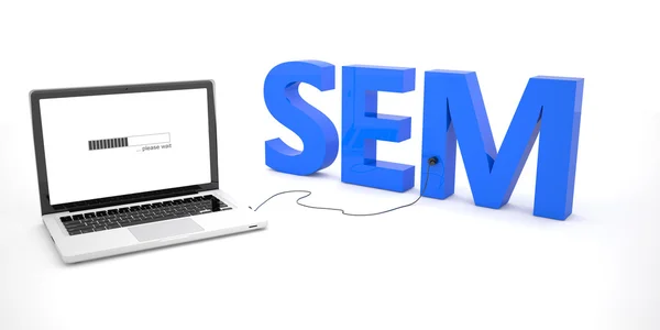 SEM - Search Engine Marketing - laptop notebook computer connected to a word on white background. 3d render illustration. — Stock Photo, Image