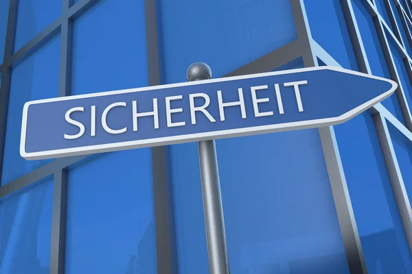 Sicherheit -german word for safety or security - illustration with street sign in front of office building. — Stok fotoğraf