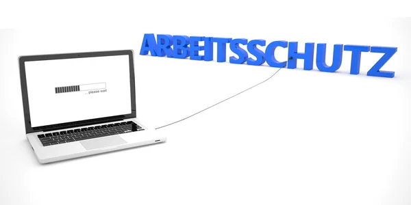 Arbeitsschutz - german word for work safety - laptop notebook computer connected to a word on white background. 3d render illustration. — Stockfoto