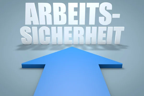 Arbeitssicherheit - palavra alemã para segurança no trabalho - 3d render conceito de seta azul apontando para o texto . — Fotografia de Stock
