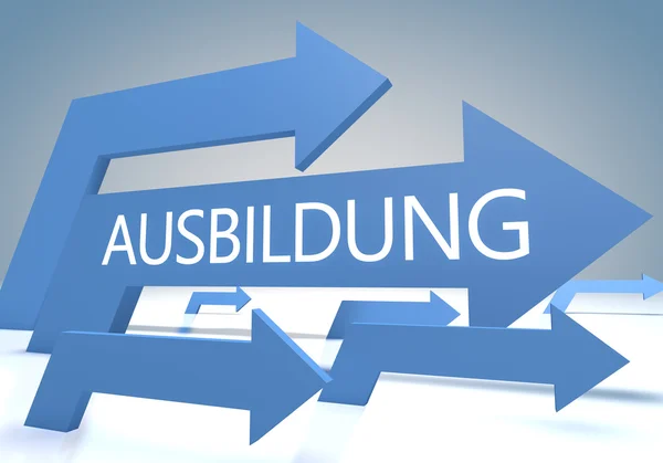 Ausbildung - palavra alemã para educação, treinamento ou desenvolvimento - renderizar conceito com setas azuis em um fundo bluegrey . — Fotografia de Stock