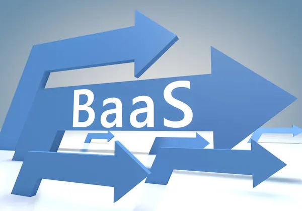 Baas - Backup als Service-3D-Renderkonzept mit blauen Pfeilen auf blaugrauem Hintergrund. — Stockfoto