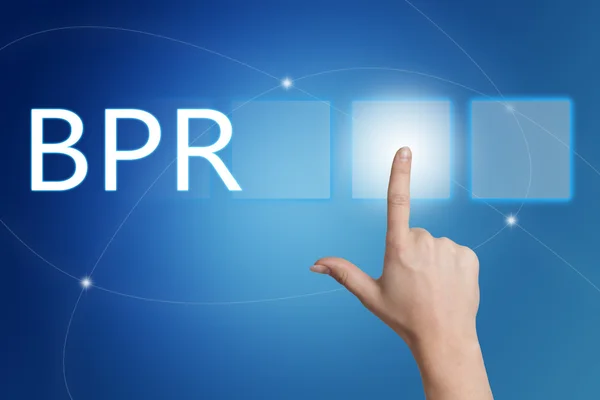 BPR - Reingeniería de procesos de negocio - pulsar el botón de mano en la interfaz con fondo azul . — Foto de Stock