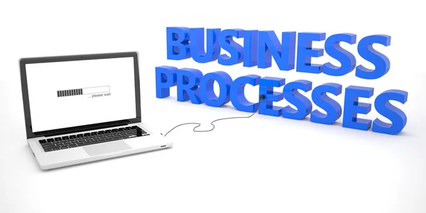 Business Processes - laptop notebook computer connected to a word on white background. 3d render illustration. — Stockfoto