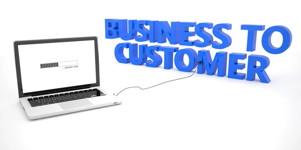 Business to Customer - laptop notebook computer connected to a word on white background. 3d render illustration. — Stok fotoğraf