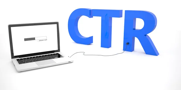 CTR - Click Through Rate - ordinateur portable portable connecté à un mot sur fond blanc. Illustration de rendu 3D . — Photo