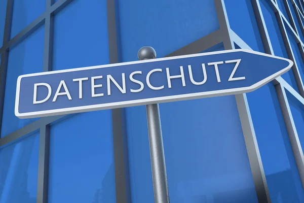 Datenschutz - palabra alemana para la protección de la privacidad de datos - ilustración con letrero de calle frente al edificio de oficinas . —  Fotos de Stock