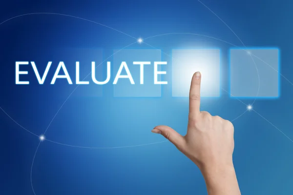 Evaluate - hand pressing button on interface with blue background. — Stock Photo, Image