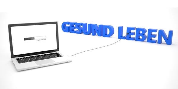 Gesund leben - palabra alemana para vivir saludablel - ordenador portátil portátil conectado a una palabra sobre fondo blanco. ilustración de renderizado 3d . —  Fotos de Stock