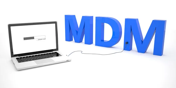 MDM - Mobile Device Management - ordinateur portable portable connecté à un mot sur fond blanc. Illustration de rendu 3D . — Photo