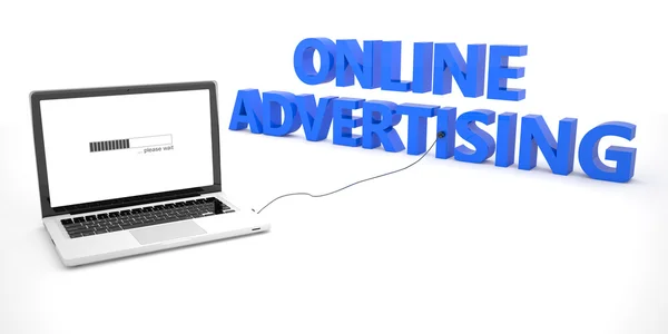 Интернет-реклама - ноутбук, подключенный к слову на белом фоне. Трехмерная иллюстрация . — стоковое фото