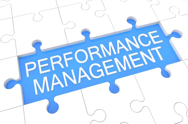 Performance Management - puzzle 3d render illustration with word on blue background — Stok fotoğraf