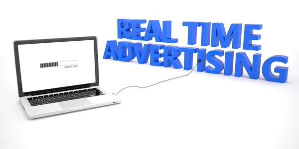 Publicidade em tempo real - notebook laptop conectado a uma palavra sobre fundo branco. 3d renderizar ilustração . — Fotografia de Stock