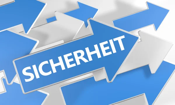 Sicherheit - mot allemand pour la sûreté ou la sécurité - concept de rendu 3D avec des flèches bleues et blanches survolant un fond blanc . — Photo