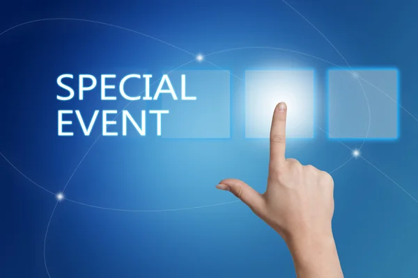 Special Event - hand pressing button on interface with blue background. — Zdjęcie stockowe