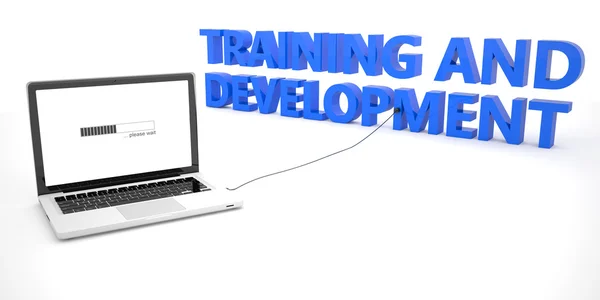 Training and Development - laptop notebook computer connected to a word on white background. 3d render illustration. — Stockfoto