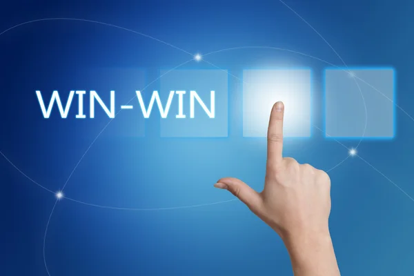 Win-win - hand pressing button on interface with blue background. — Stok fotoğraf