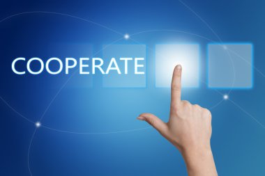 Cooperate - hand pressing button on interface with blue background.