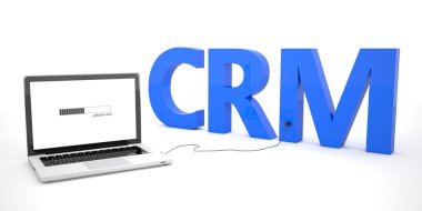 CRM - Customer Relationship Management - laptop notebook computer connected to a word on white background. 3d render illustration.