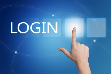 Login - hand pressing button on interface with blue background.