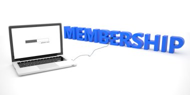 Membership - laptop notebook computer connected to a word on white background. 3d render illustration.