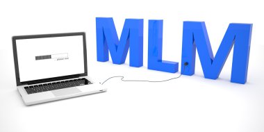 MLM - Multi Level Marketing - laptop notebook computer connected to a word on white background. 3d render illustration.