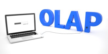 OLAP - Online Analytical Processing - laptop notebook computer connected to a word on white background. 3d render illustration.