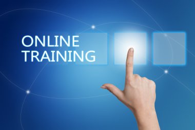 Online Training - hand pressing button on interface with blue background.