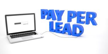Pay per Lead - laptop notebook computer connected to a word on white background. 3d render illustration.