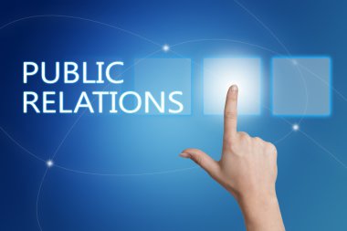 Public Relations - hand pressing button on interface with blue background.