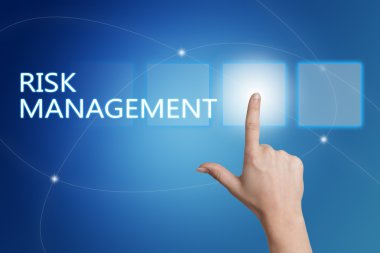 Risk Management - hand pressing button on interface with blue background.