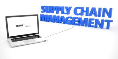 Supply Chain Management - laptop notebook computer connected to a word on white background. 3d render illustration. clipart