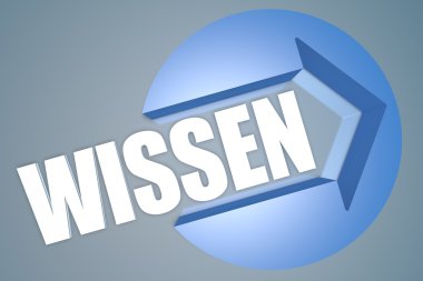 Wissen - german word for knowledge - text 3d render illustration concept with a arrow in a circle on blue-grey background
