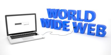 World Wide Web - laptop notebook computer connected to a word on white background. 3d render illustration.
