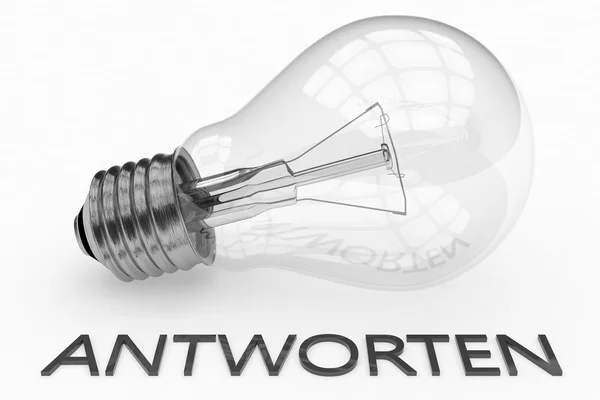 Antworten - kata Jerman untuk jawaban atau respon - bola lampu pada latar belakang putih dengan teks di bawahnya. Ilustrasi render 3d . — Stok Foto