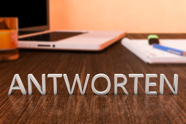 Antworten - german word for answer or respond - letters on wooden desk with laptop computer and a notebook. 3d render illustration. — Stockfoto