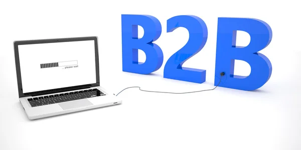 B2B - Business to Business - laptop notebook computer connected to a word on white background. 3d render illustration. — Stok fotoğraf