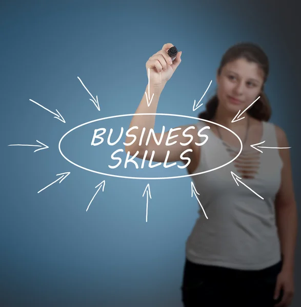 Young businesswoman drawing Business Skills information concept on transparent whiteboard in front of her. — Stok fotoğraf