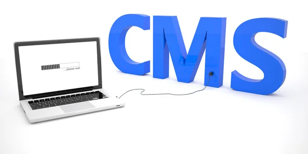 Cms - Content Management System - Laptop-Notebook-Computer, der mit einem Wort auf weißem Hintergrund verbunden ist. 3D-Darstellung. — Stockfoto