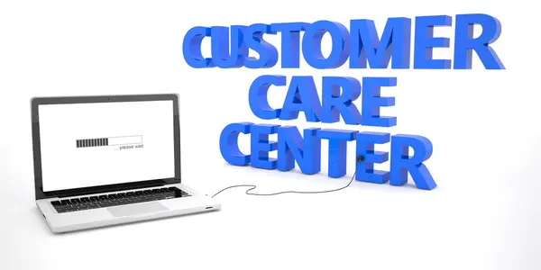 Customer Care Center - ноутбук, подключенный к слову на белом фоне. Трехмерная иллюстрация . — стоковое фото