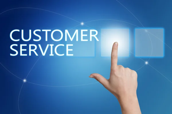 Customer Service - hand pressing button on interface with blue background. — Stok fotoğraf