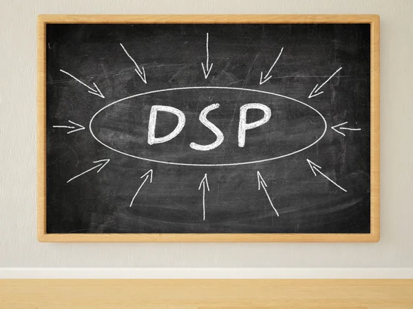 DSP - Demand Side Platform - 3d render illustration of text on black chalkboard in a room. — Stockfoto