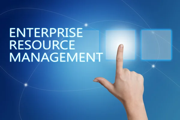 Enterprise Resource Management - hand pressing button on interface with blue background. — Stock Photo, Image