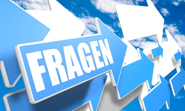 Fragen - german word for questions - 3d render concept with blue and white arrows flying in a blue sky with clouds — Stok fotoğraf