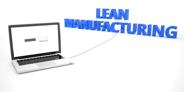 Lean Manufacturing - laptop notebook computer connected to a word on white background. 3d render illustration. — Stock Fotó